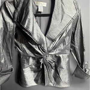 Jackie Joy silver metallic jacket with beaded trim and tie front #glam #regency